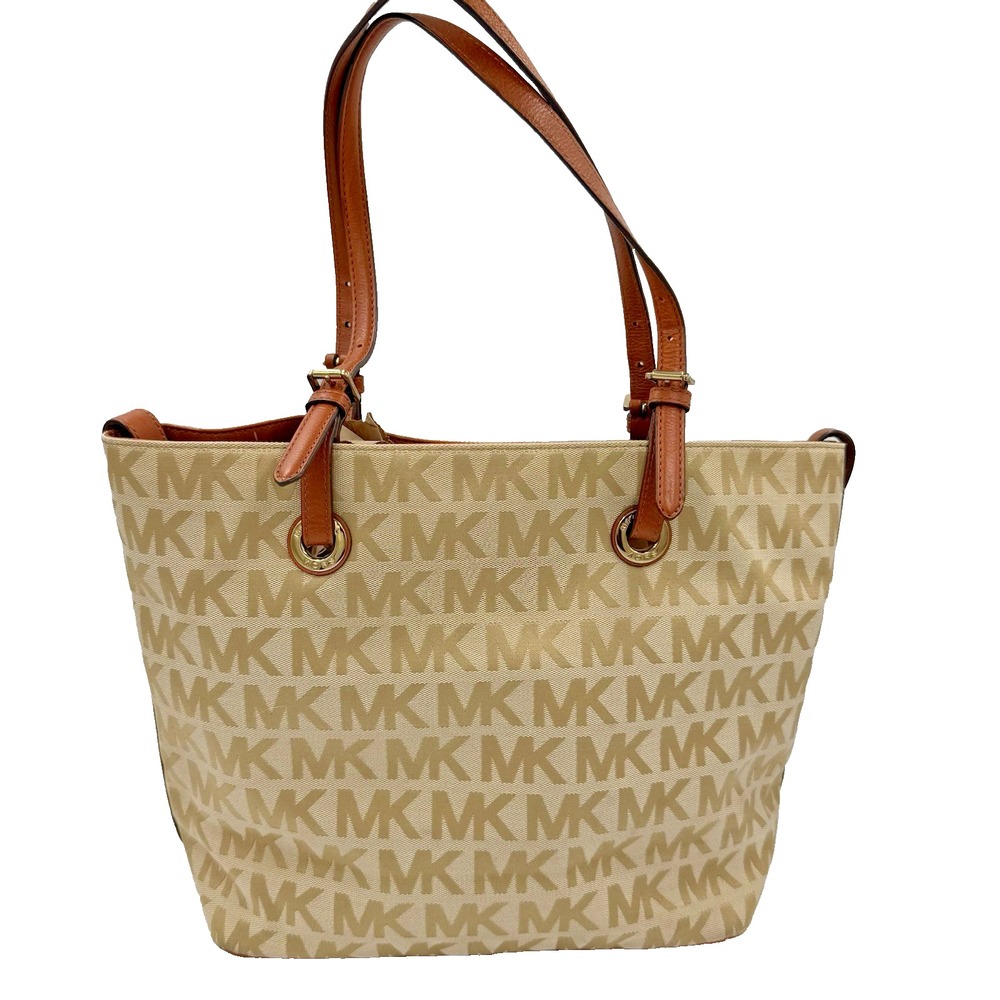 Michael Kors MK Signature Jacquard Tote Bag Beige Tan Brown Leather Y2K Logo